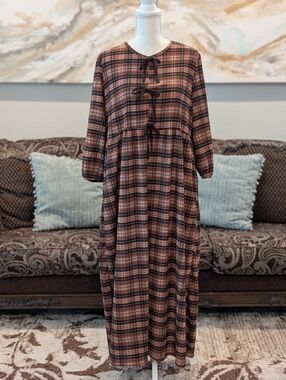Plaid Tie-Front Maxi Dress
